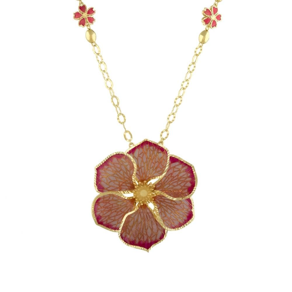 Le Jardin Yellow Plated Large Floral Motif Semi-Transparent Orange Enamel Necklace