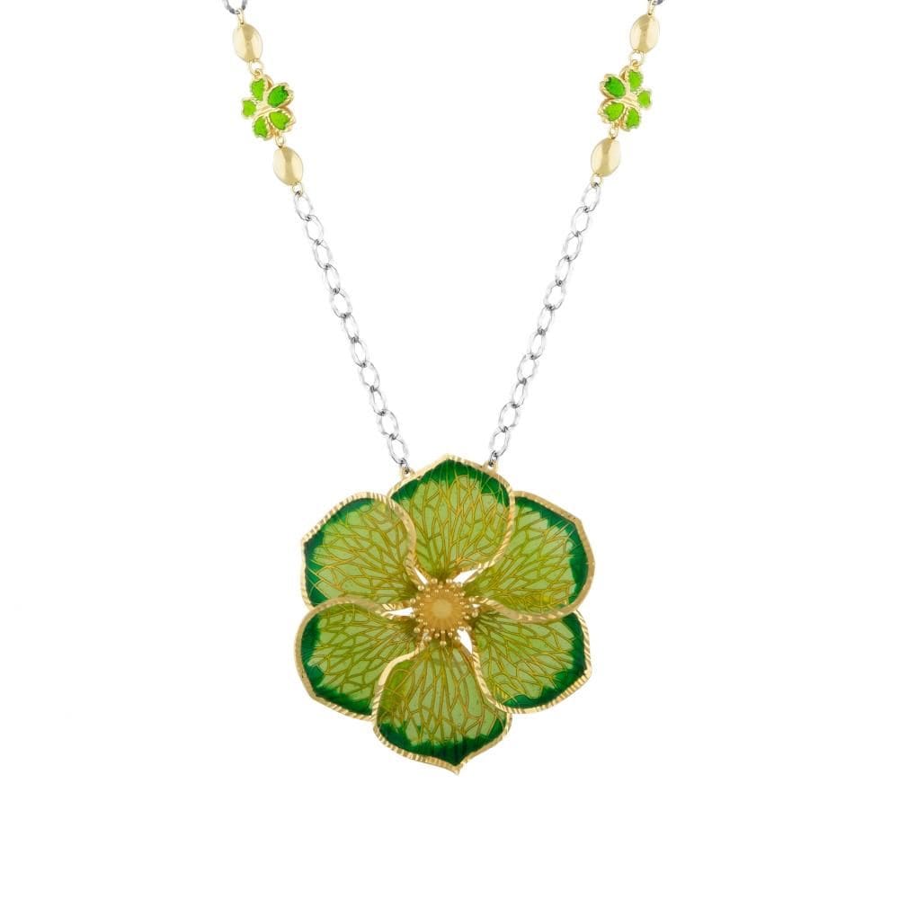 Le Jardin Yellow Plated Large Floral Motif Semi-Transparent Green Enamel Necklace