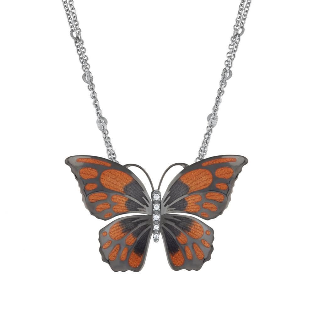 Le Jardin Anthracite and Orange Enamel Stone-Embellished Large Butterfly Silver Necklace
