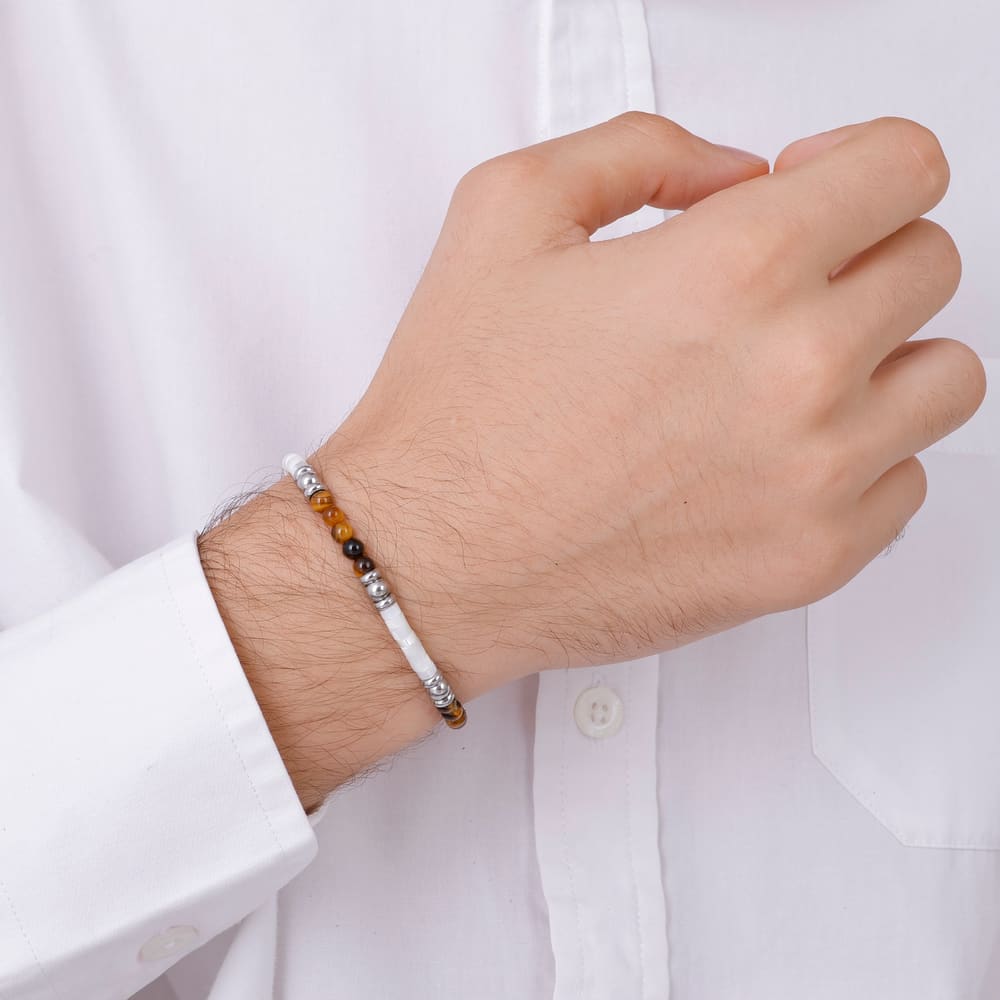 Bravoman Koleksiyonu Beyaz Kahverengi Boncuk ve Metal Detaylı Bileklik