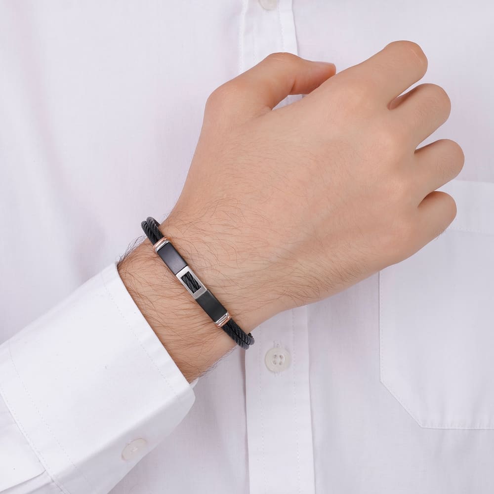 Bravoman Koleksiyonu Antrasit Örgü ve Geometrik Metal Detaylı Bileklik