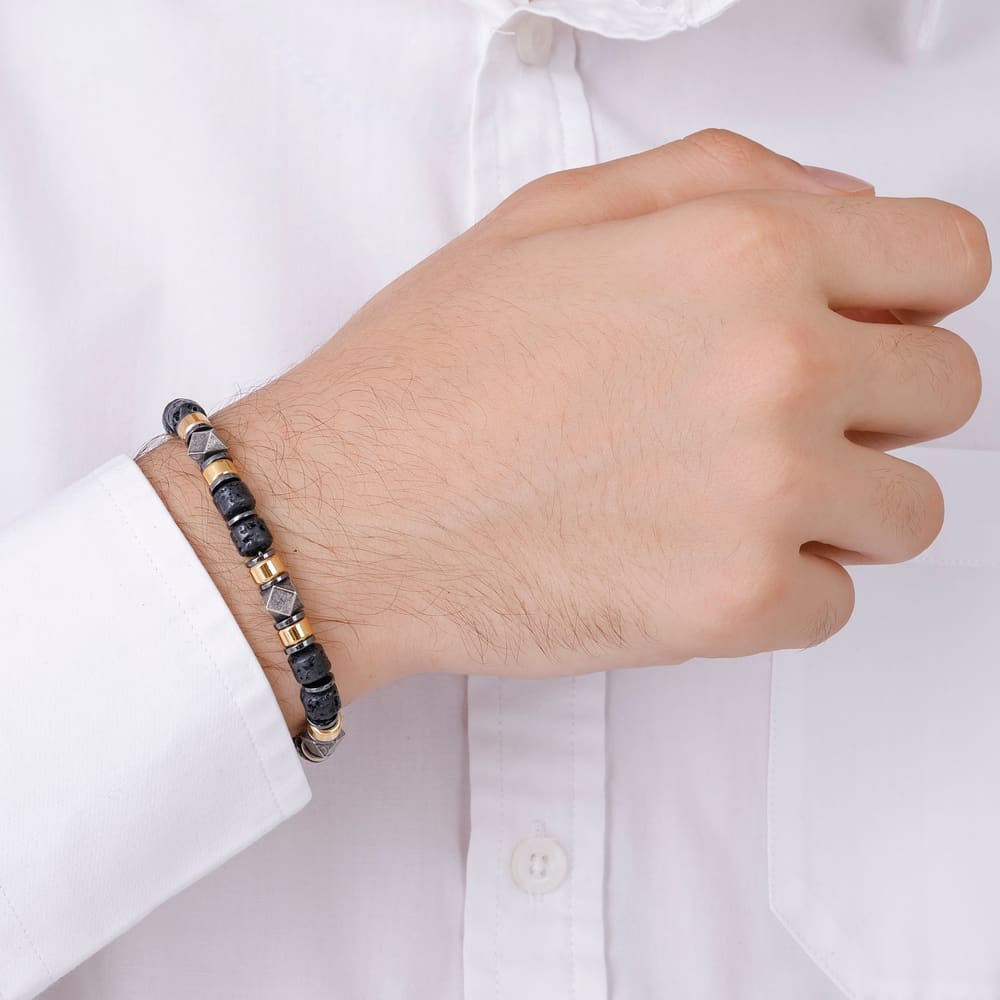 Bravoman Koleksiyonu Siyah Boncuk ve Geometrik Metal Detaylı Bileklik