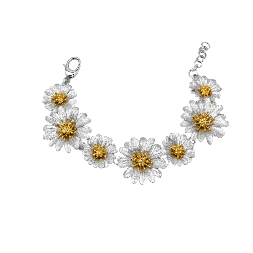 Flowers Koleksiyonu Çoklu Çiçek Formlu Altın Detaylı Gümüş Bileklik