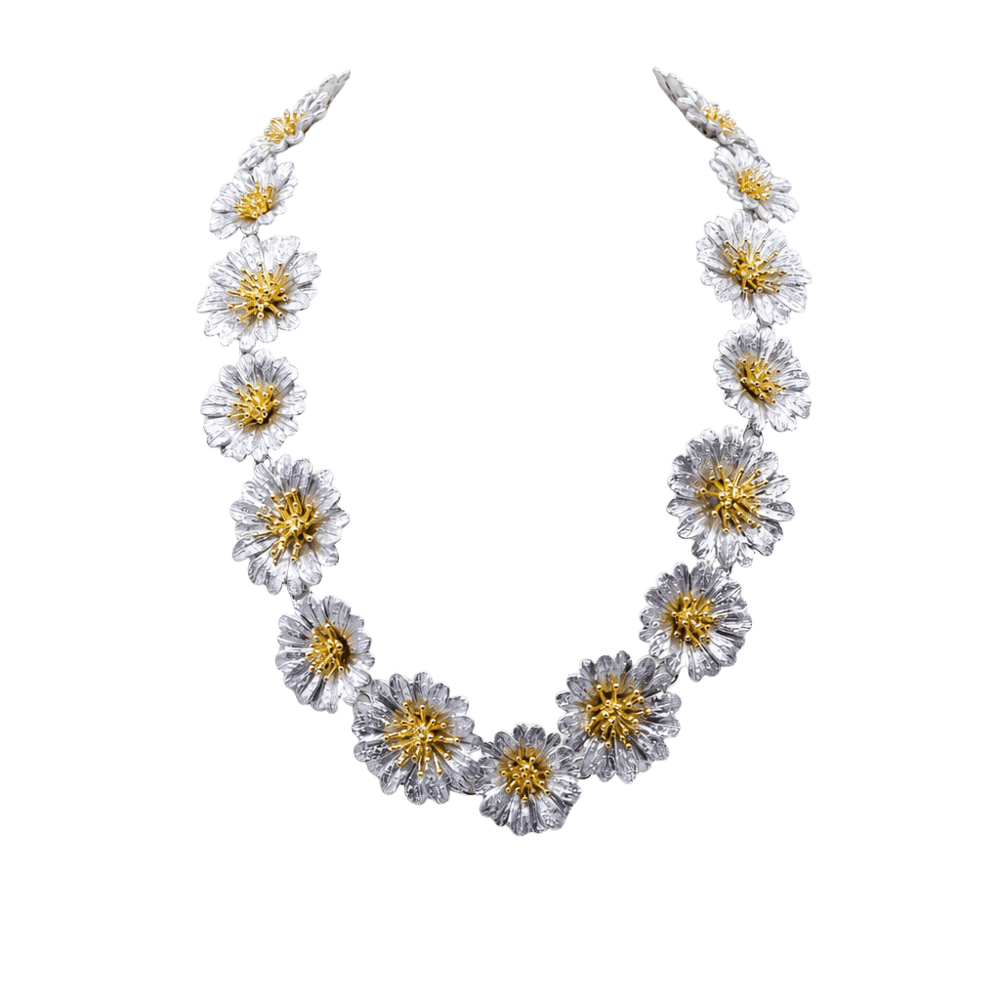 Flowers Koleksiyonu Çoklu Çiçek Formlu Altın Detaylı Gümüş Kolye