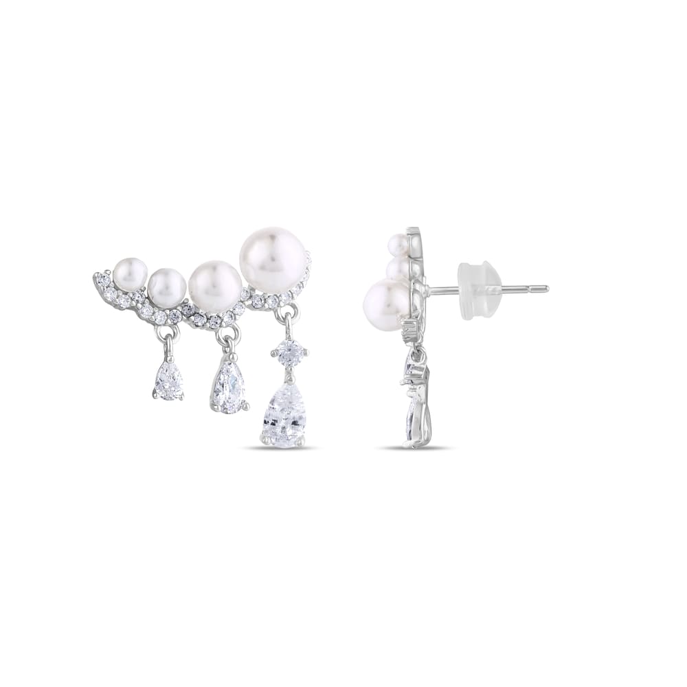 Gift Koleksiyonu Sıralı İncili ve Damla Taşlı Kavisli Gümüş Ear Climber Küpe