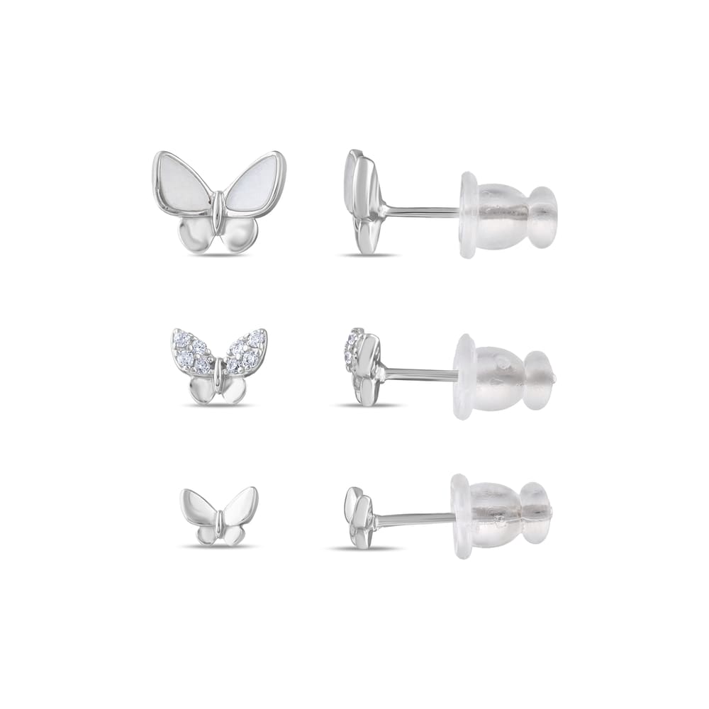 Gift Koleksiyonu Beyaz Sedef ve Zirkon Taşlı 3 Boy Kelebek Gümüş Küpe Seti