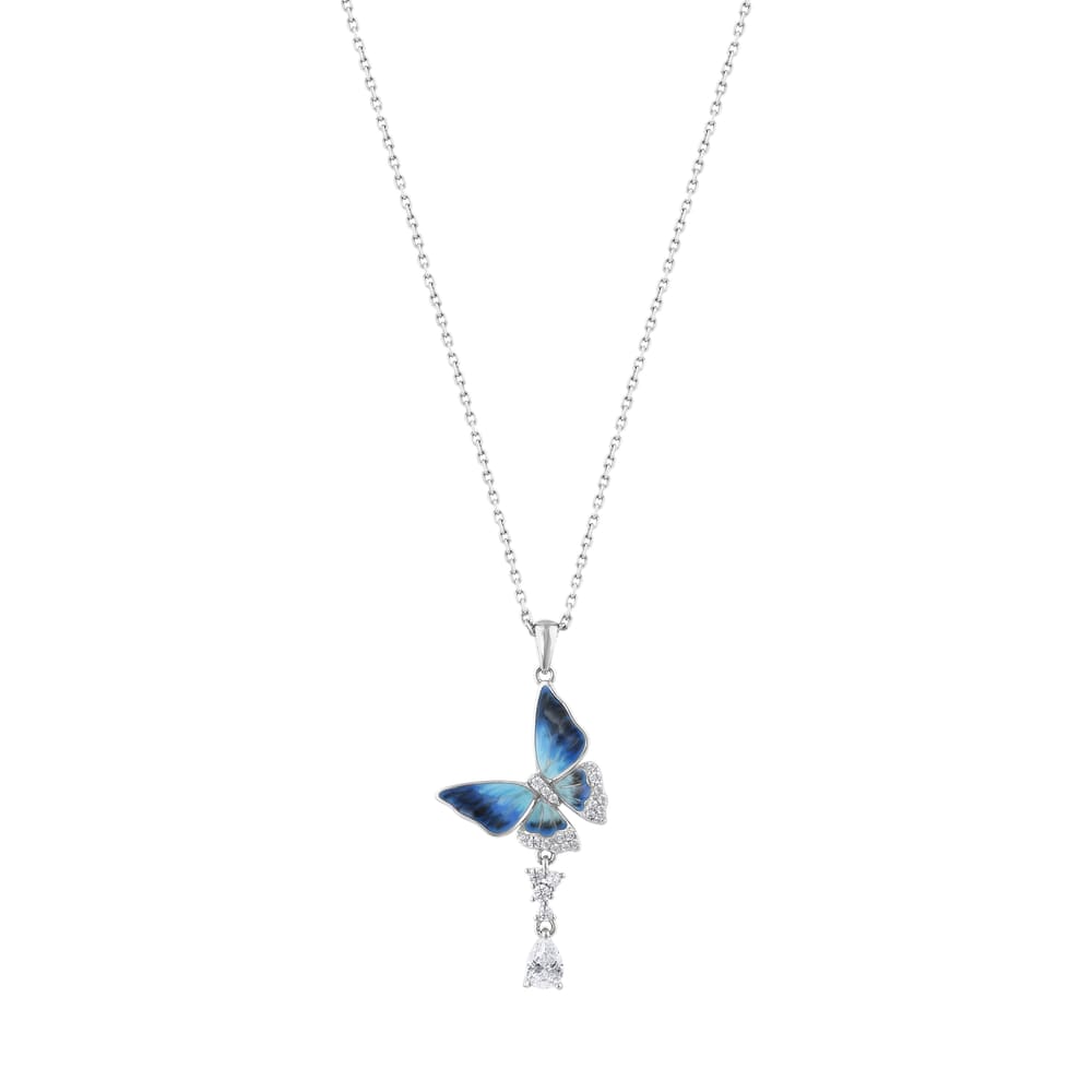 Heaven Koleksiyonu Mavi Mine İşçilikli Asimetrik Kelebek Gümüş Kolye+
