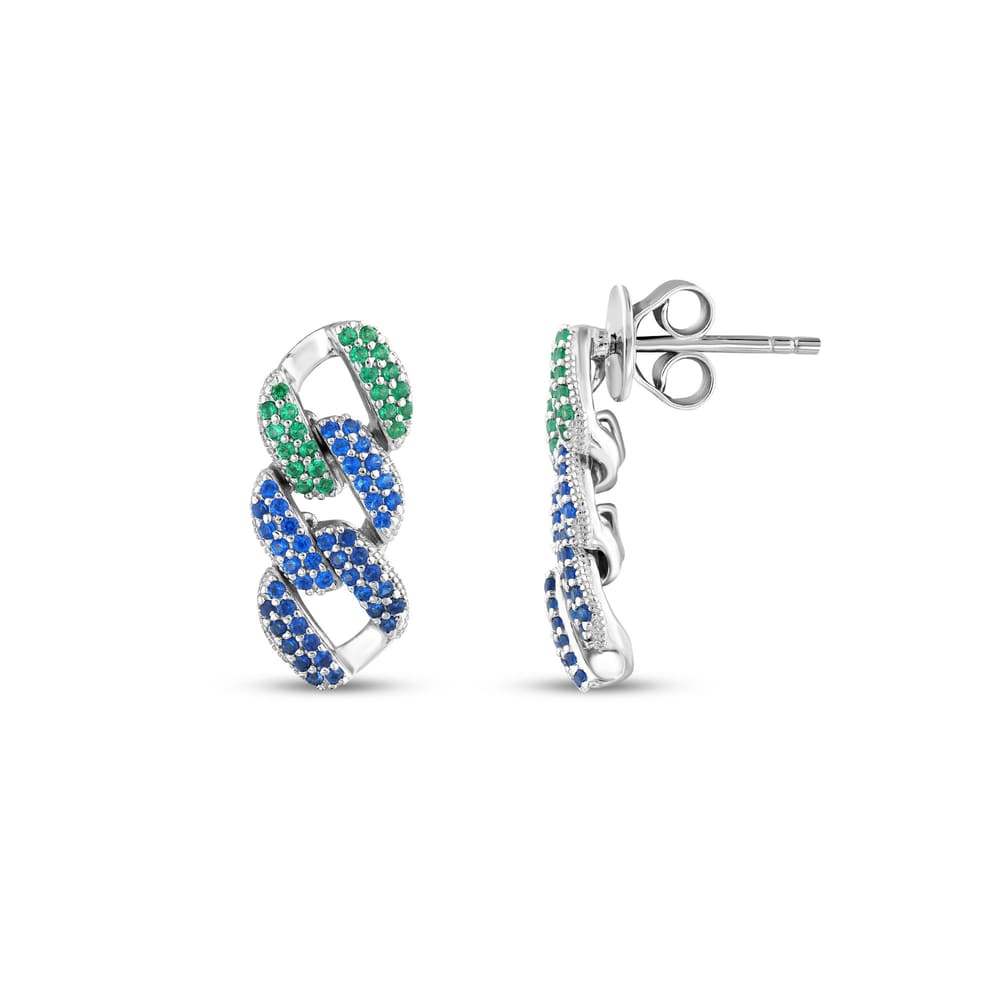Серьги-цепочки Rainbow Collection с зелеными и синими камнями, серебряные серьги