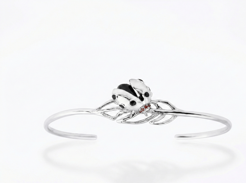 Ladybee Collection Open-Ended Ladybug and Leaf Design Silver Bangle