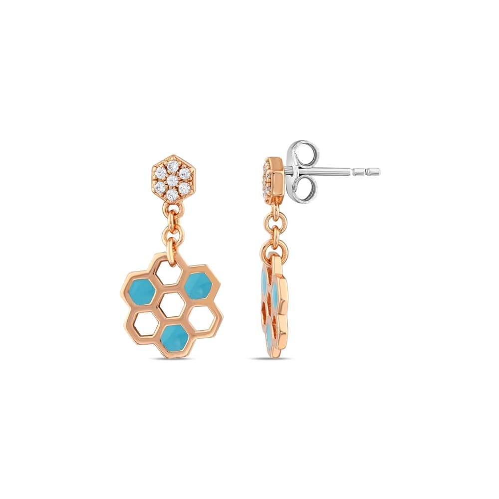 Gift Koleksiyonu Rose Kaplama Turkuaz Mineli Bal Peteği Gümüş Küpe
