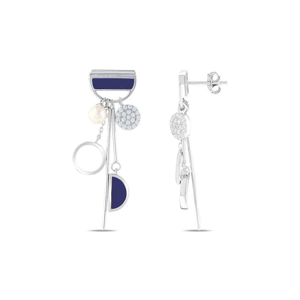 Lucky Gems Koleksiyonu Lapis Taşlı ve İncili Sallantılı Gümüş Küpe