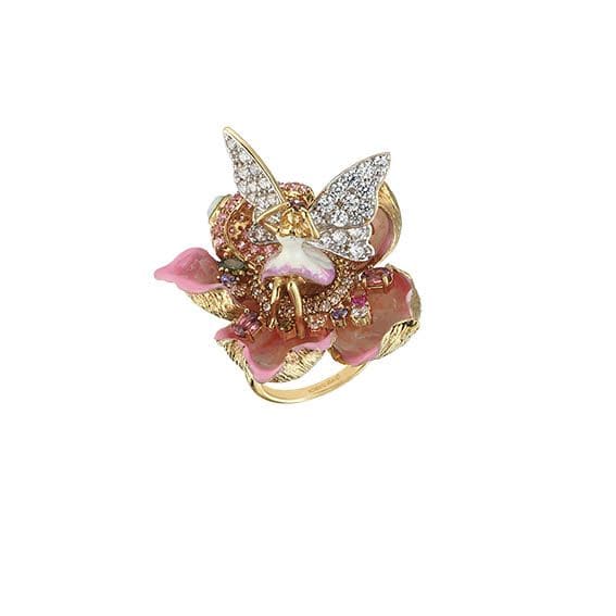Fairy Tales Collection Gold Plated Fairy and Flower Figurine Enamelled Silver Ring
