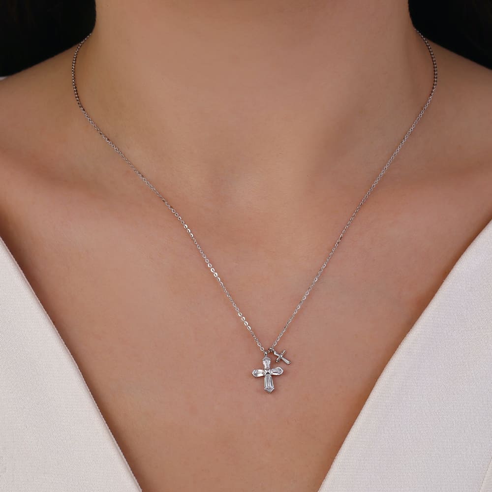 Gift Koleksiyonu Çift Haç Figürlü Taşlı Kolye