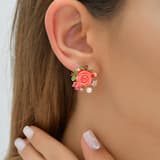 Rosered Gül Tasarımlı İncili Rose Altın Renkli Gümüş Küpe 3