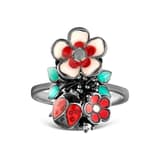 Night Collection Enamel Flower and Ladybug Design Silver Ring 2