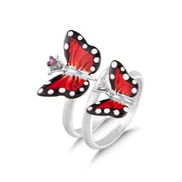 Monarch Butterfly Mineli İkili Kelebek Figürlü Pembe Taşlı Gümüş Yüzük