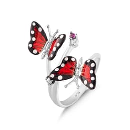 Monarch Butterfly Kırmızı ve Siyah Mineli İkili Kelebek Figürlü Pembe Taşlı