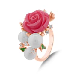 Rosered Üç İncili Gül Tasarımlı Rose Altın Renkli Gümüş Yüzük