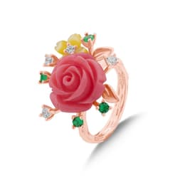 Rosered Sarı Çiçekli Gül Tasarımlı Rose Altın Renkli Gümüş Yüzük