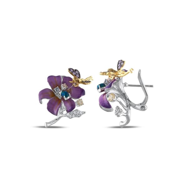 Fairy Tales Collection Purple Flower and Water Fairy Enamelled Silver Earrings