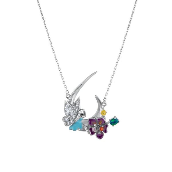 Fairy Tales Collection Crescent Moon and Fairy Figure Enamel Silver Necklace