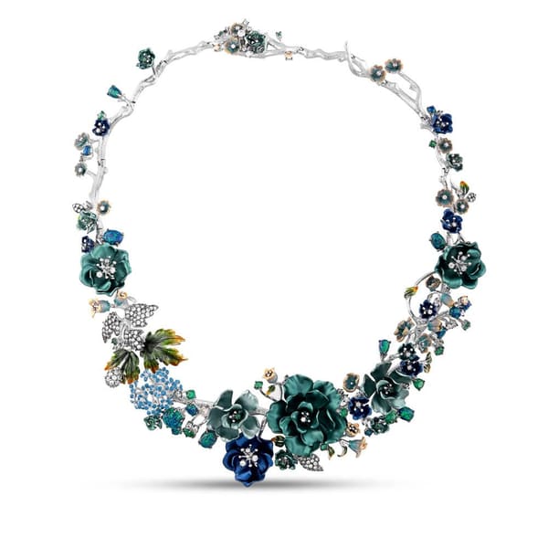 Колье-чокер Primrose Collection с эмалью, зеленым и синим цветочным дизайном, серебро