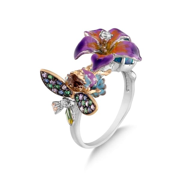 Fairy Tales Collection Purple Flower and Water Fairy Enamel Silver Ring