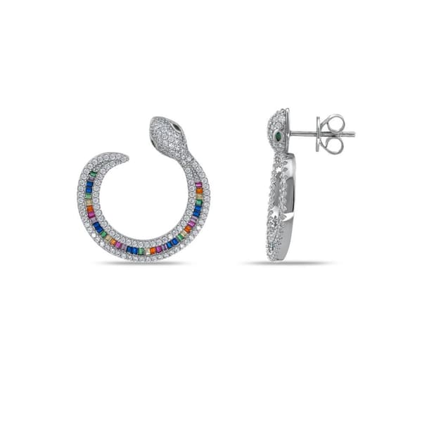 Серьги-кольца Rainbow Collection с багетными камнями в виде радуги и змеи из серебра