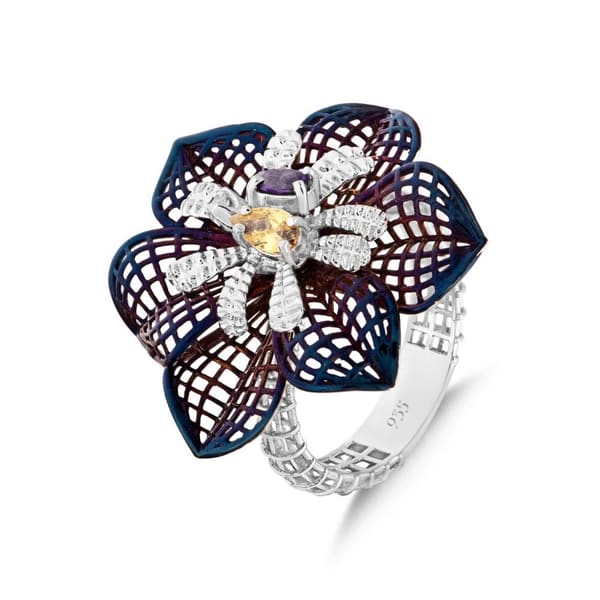 Gallica Perforated Leaf Purple-Yellow Seeded Rose Model Silver Ring