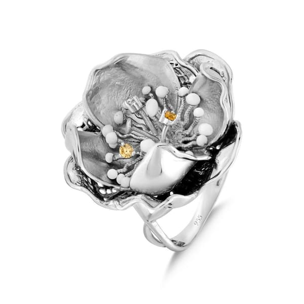 Gallica Multi-Leaf Enamel Seed Rose Model Silver Ring