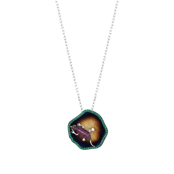 Global Warming Striped Leaf and Pink Lizard Design Silver Necklace