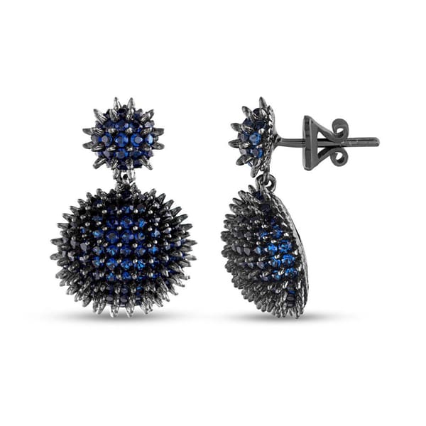 Hedgehog Blue Half Ball-Flat Rhodium Plated Silver Earrings