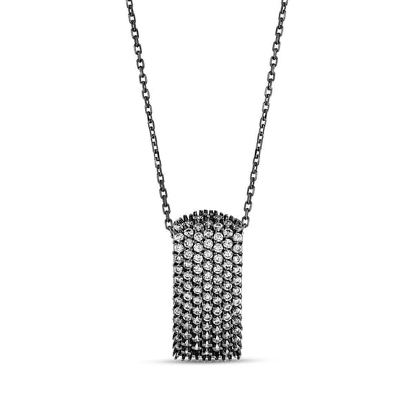 Hedgehog Black Domed Rectangular Design Rhodium Plated Silver Necklace