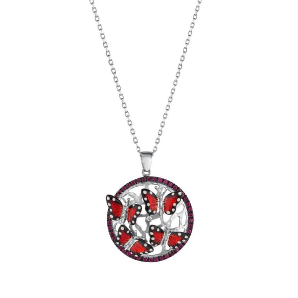 Monarch Butterfly Red Enamel Multi-Butterfly Figure with Pink Stone Frame