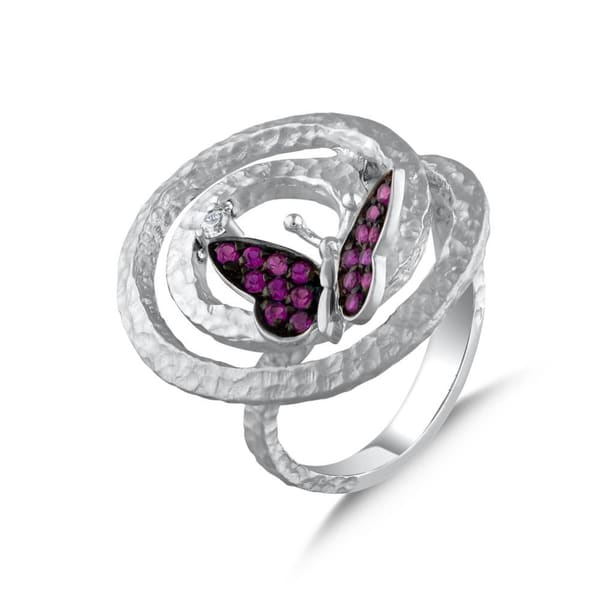 Кольцо Monarch Butterfly с розовым камнем, текстурированное, с бабочкой, из стерлингового серебра