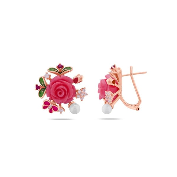 Rosered Gül Tasarımlı İncili Rose Altın Renkli Gümüş Küpe