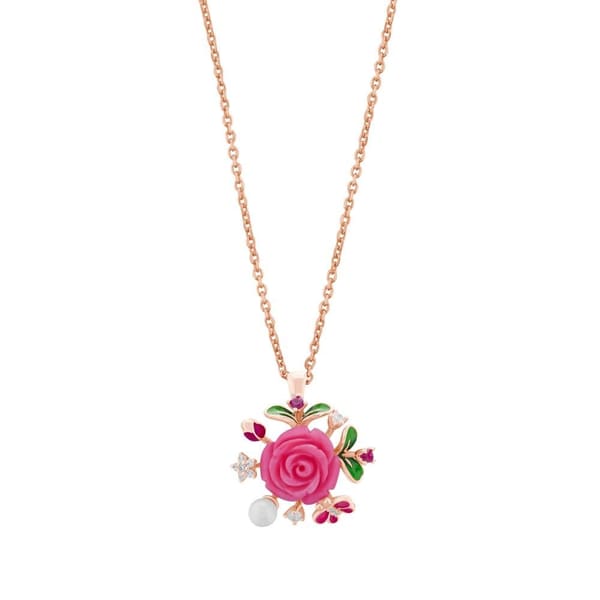Rosered Gül Tasarımlı İncili Rose Altın Renkli Gümüş Kolye
