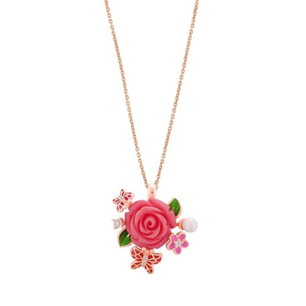 Rosered Kelebekli Gül Tasarımlı Rose Altın Kaplama Gümüş Kolye