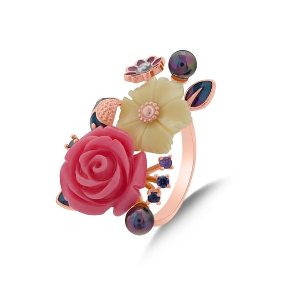 Rosered Uğur Böcekli Gül Tasarımlı Rose Altın Renkli Gümüş Yüzük