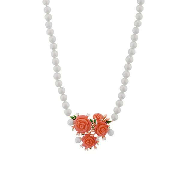 Rosered Gül Tasarımlı İnci Sıralı Rose Altın Renkli Gümüş Kolye