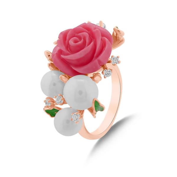Rosered Üç İncili Gül Tasarımlı Rose Altın Renkli Gümüş Yüzük