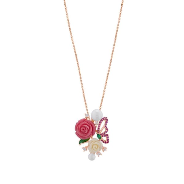 Rosered Kelebekli Gül Tasarımlı Rose Altın Renkli Gümüş Kolye