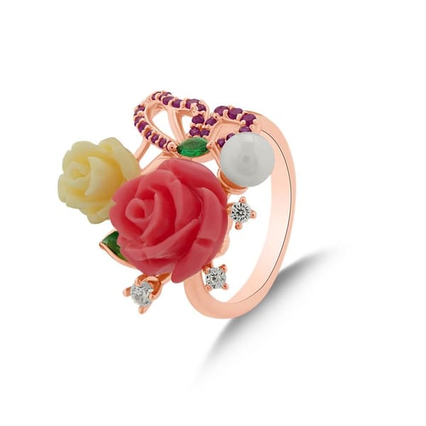 Rosered Kelebekli Gül Tasarımlı Rose Altın Renkli Gümüş Yüzük