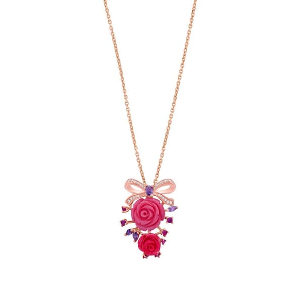 Rosered Kurdeleli Gül Tasarımlı Rose Altın Renkli Gümüş Kolye