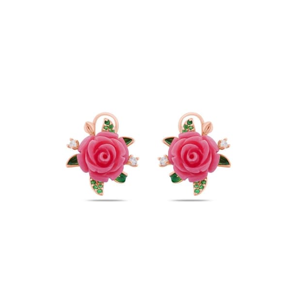 Rosered Yapraklı Gül Tasarımlı Rose Altın Renkli Gümüş Küpe