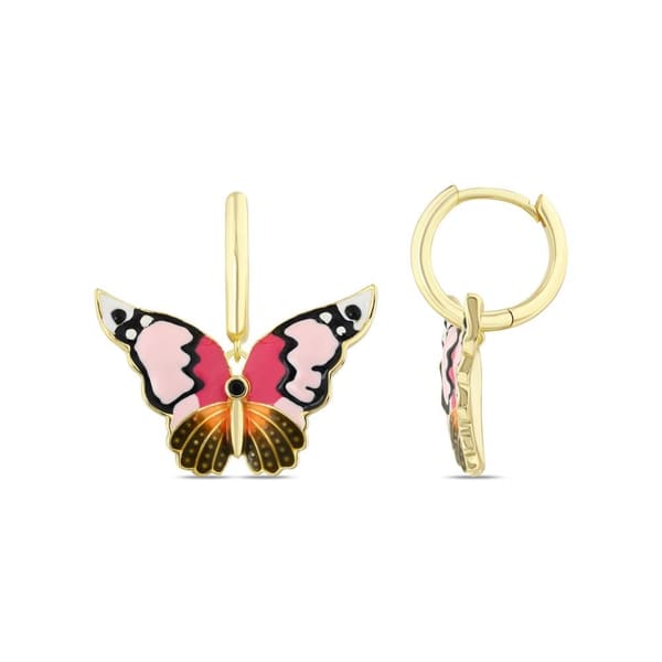 Heaven El İşçiliği Pembe ve Turuncu Mineli Sallantılı Kelebek Gümüş Küpe