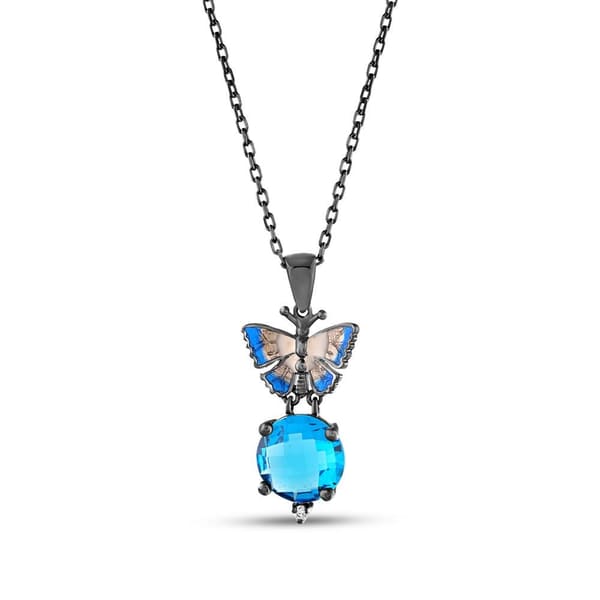 Night Collection Blue Enamel Butterfly and Round Blue Stone Silver Necklace