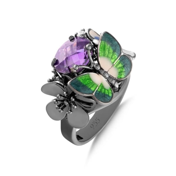 Night Collection Green Enamel Butterfly and Flower Figure Silver Ring