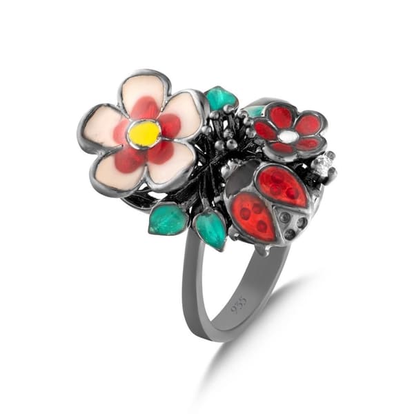 Night Collection Enamel Flower and Ladybug Design Silver Ring