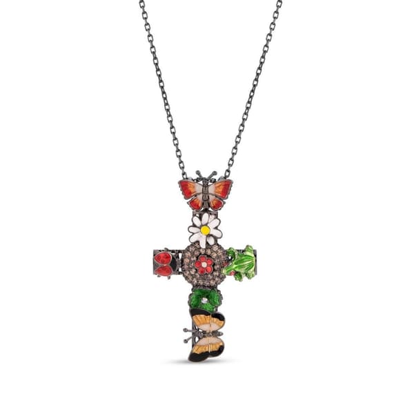 Night Flower Garden Model-2 Cross Design Silver Necklace